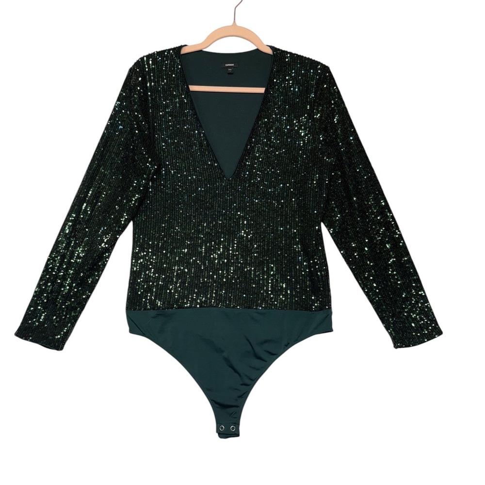 Express Womens Sequin V-Neck Long Sleeve Bodysuit Dark Green Size L 02961183